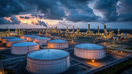 Naklejka premium Aerial view of an industrial facility with large storage tanks at sunset, showcasing operations