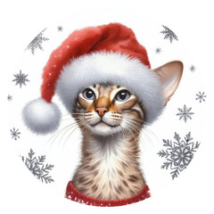 Cute Christmas Cat Clipart Vector Illustration – Festive Holiday Kitty with Santa Hat and Winter Decorations