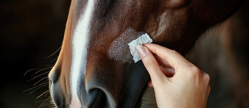 Hand cleaning horse's nose with swabs highlighting grooming and care, featuring ample copyspace for text or branding elements.