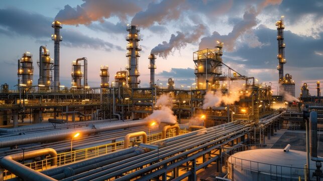 Industrial oil refinery at sunset with smokestacks and pipelines under a dramatic sky