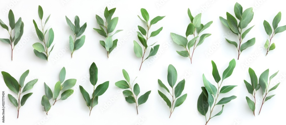Poster eucalyptus branches arranged on a white background for a flat lay design with ample blank space for 