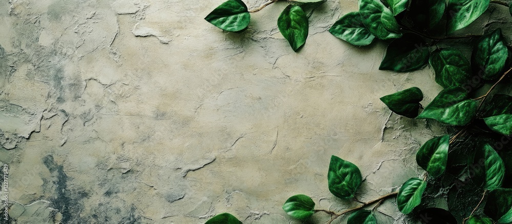 Poster green leaves on a dry textured background with ample copy space for creative text and design applica