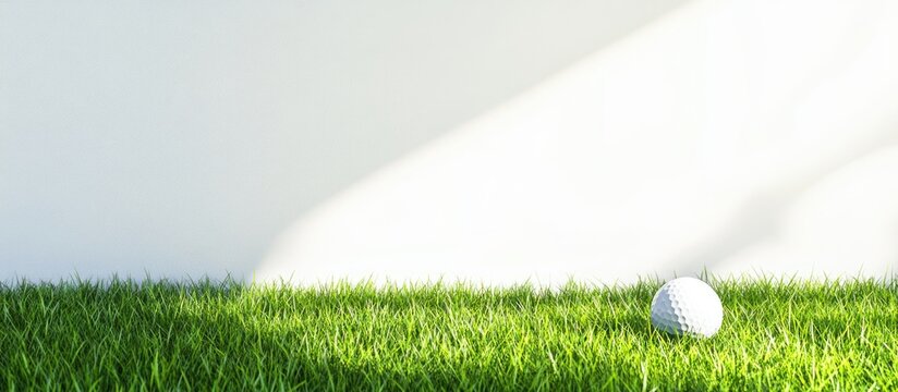Golf ball resting on vibrant green grass illuminated by sunlight with ample empty space for text or branding applications