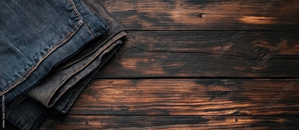 Poster folded denim jeans on rustic wooden surface with blank space for text or branding display in a fashi