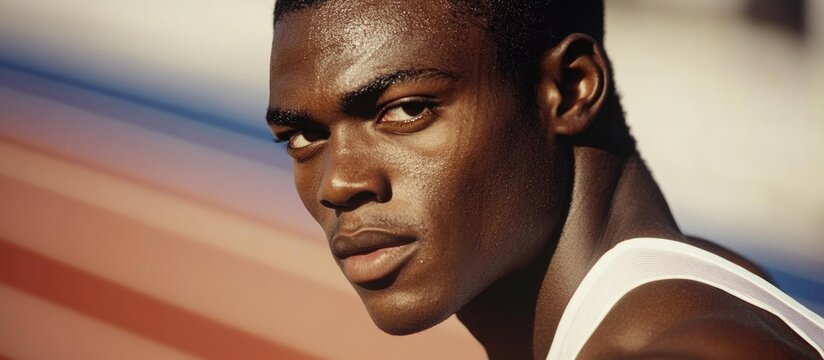Focused Black Male Sprinter on Track Ready to Compete with Empty Space for Text Overlay for Sports and Fitness Promotions