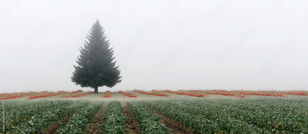 Poster fog enveloping a majestic conifer tree in a tomato field with ample empty space for text integration
