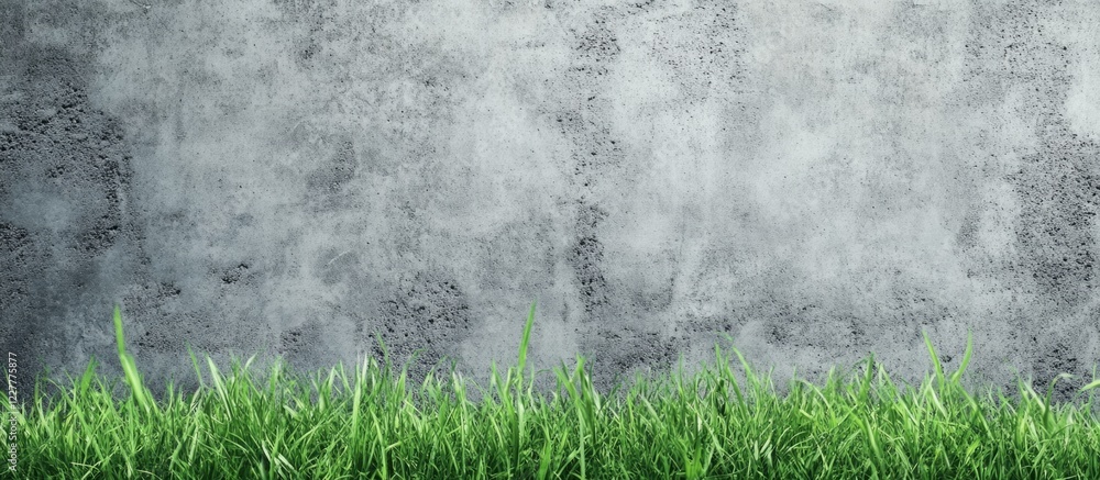 Poster gloomy concrete backdrop with vibrant spring grass offering ample space for text and design elements