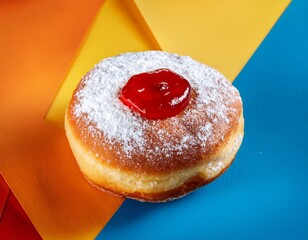 Obraz premium hanukkah donut with jelly and powdered sugar isolated on colorful background