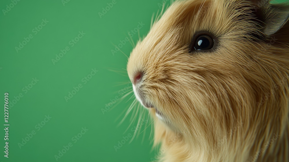 Poster close up of a guinea pig with long soft fur against a solid green background with ample negative spa