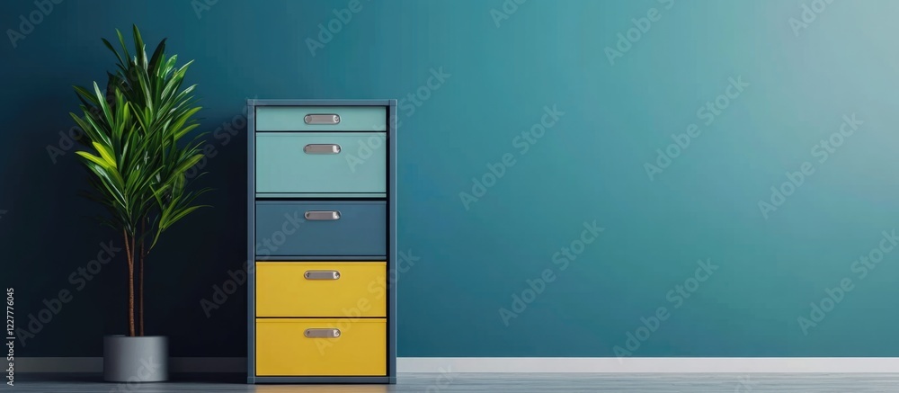 Poster modern filing cabinet in office corner with green wall and empty space for text in contemporary work