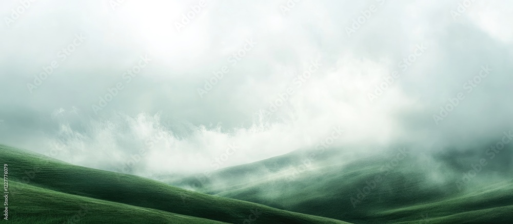 Poster lush green hills beneath dramatic clouds creating a moody atmosphere with ample space for text or ov