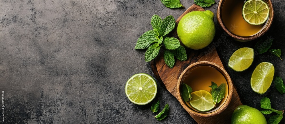 Poster refreshing green tea with fresh mint and lime slices in a wooden bowl on a dark surface with ample e