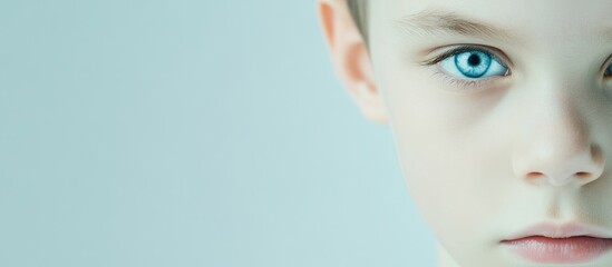 Fototapeta premium Serious young boy with striking blue eyes gazing directly at the viewer against a soft, minimalist background ideal for text placement
