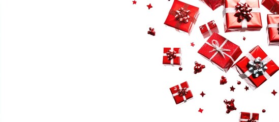 Fototapeta na wymiar Festive Christmas Presents Falling on Bright White Background with Space for Custom Text or Seasonal Greetings