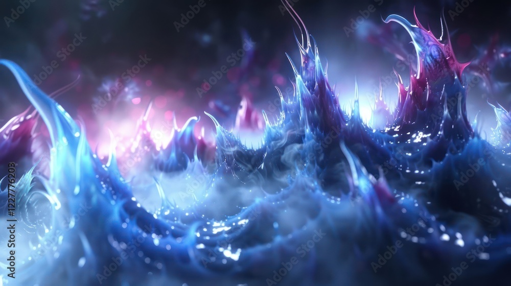 Poster abstract colorful waves rising from a misty surface, creating a surreal and vibrant atmosphere