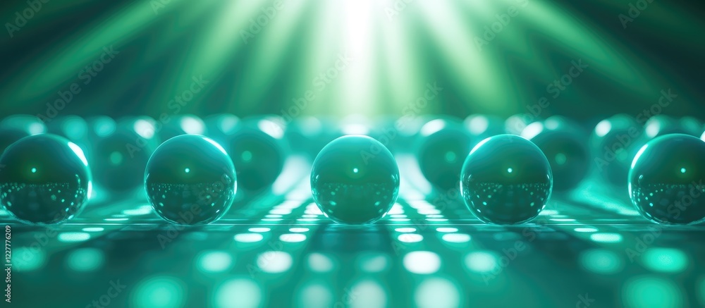 Poster mystical green spheres on glowing grid with light rays and empty space for text in a futuristic sett