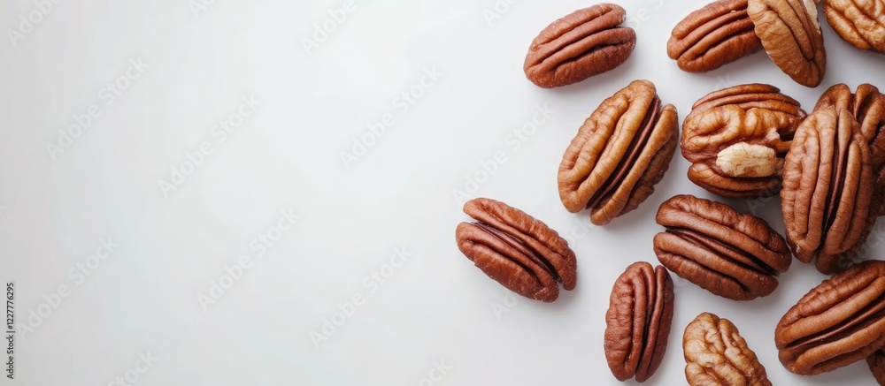 Aufkleber food styled pecan nuts arranged on a white background with ample space for text highlighting their n