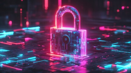 Futuristic digital lock symbolizing cybersecurity in neon lights