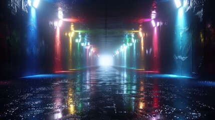 Colorful illuminated tunnel with reflections, creating a vibrant atmosphere and mystery ahead