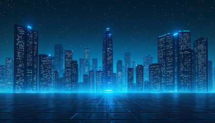 a futuristic city with a dark blue neon background