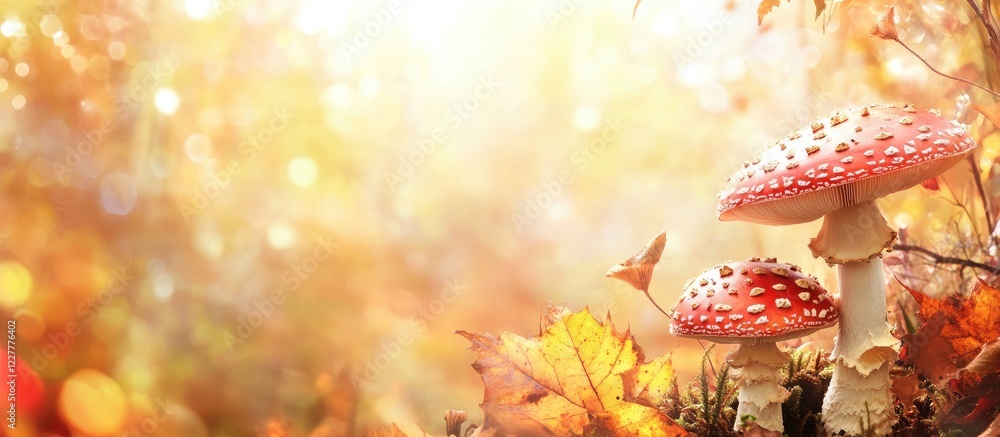 Poster fly agaric mushrooms surrounded by autumn foliage in a natural forest setting with soft light and em
