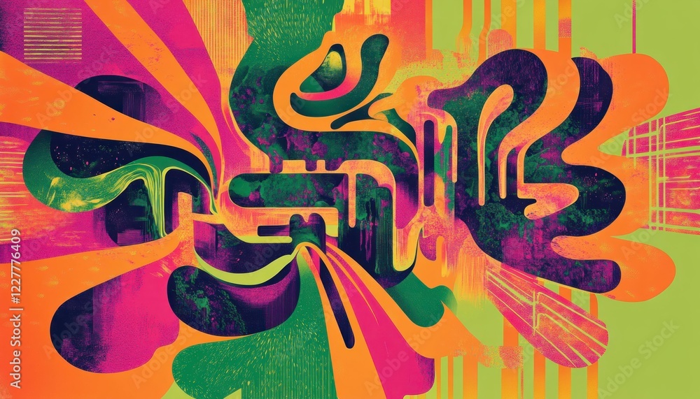 Poster psychedelic abstract digital art with vivid colors and flowing shapes creating a dynamic visual