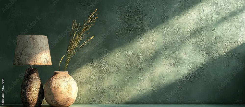 Poster serene green room with stone lamp and clay vase illuminated by natural light with space for text and