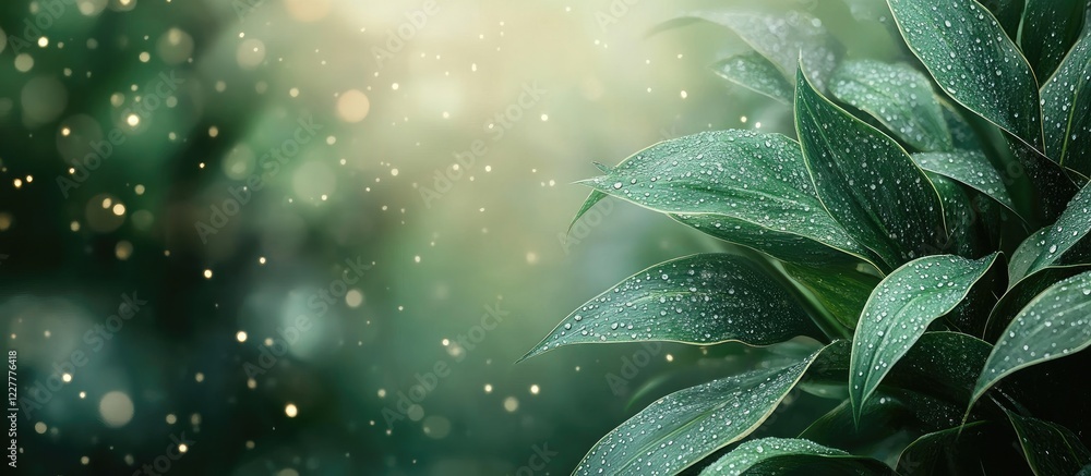 Aufkleber lush green leaves adorned with water droplets creating a serene natural backdrop with soft lighting 