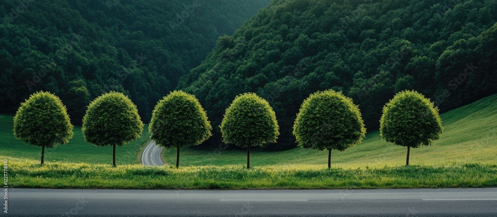 Poster lollipop shaped trees along a tranquil road surrounded by lush greenery and empty space for text or 