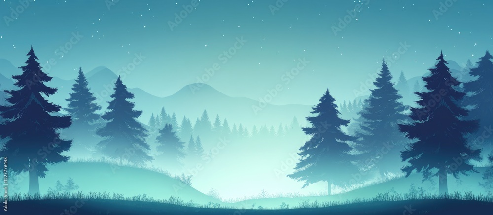 Poster foggy pine forest background with misty landscape and empty space for text or graphic elements