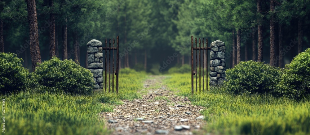 Poster inviting forest entrance with stone gate surrounded by lush greenery and copy space for text ideal f
