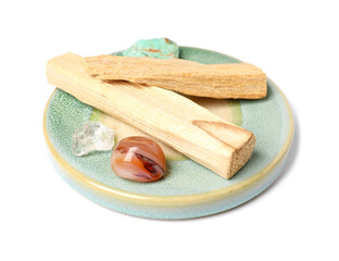 Palo santo sticks and gemstones isolated on white