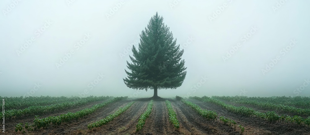 Poster foggy morning in a tomato field with a lone conifer tree and ample text space for captivating messag