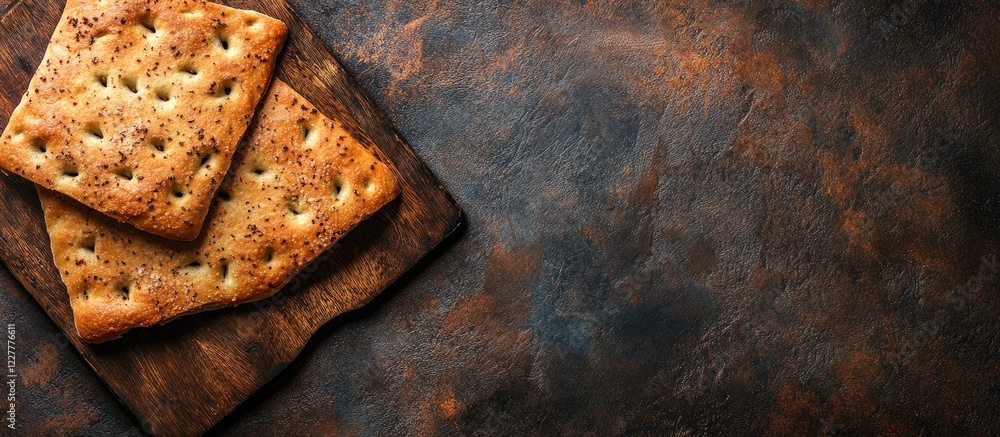 Poster freshly baked focaccia flatbread with rustic texture and empty space for customizable text or brandi