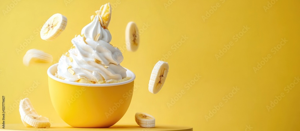 Poster colorful ice cream sundae with bananas on a yellow background with floating slices and empty space f