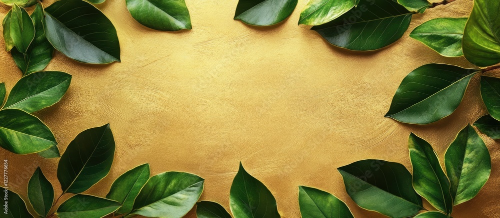 Poster botanical flat lay of vibrant green leaves on a shimmering golden background with ample empty space 