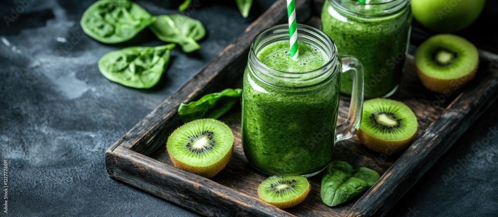 Poster refreshing green smoothie in mason jar surrounded by fresh spinach kiwi and apple on rustic wooden t