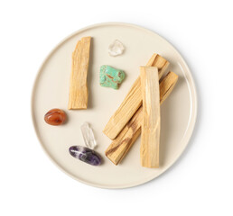 Palo santo sticks and gemstones isolated on white, top view