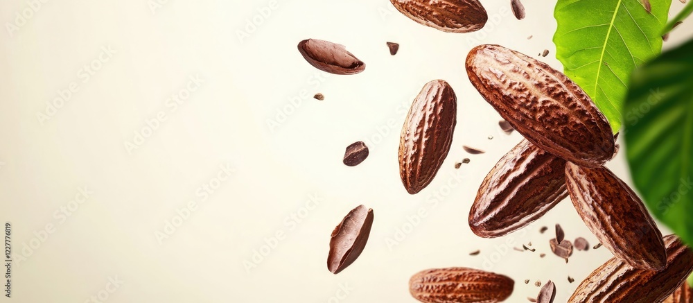 Poster cocoa beans falling with leaf isolated on light background ideal for text overlay and organic chocol