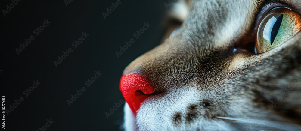 Poster playful close-up of a cat's face featuring a red nose and captivating eyes with ample copyspace for 
