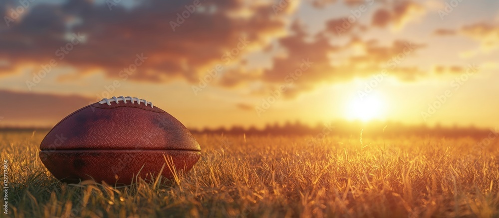 Poster tranquil sunset over a football on a field with soft lighting and ample copy space for text highligh