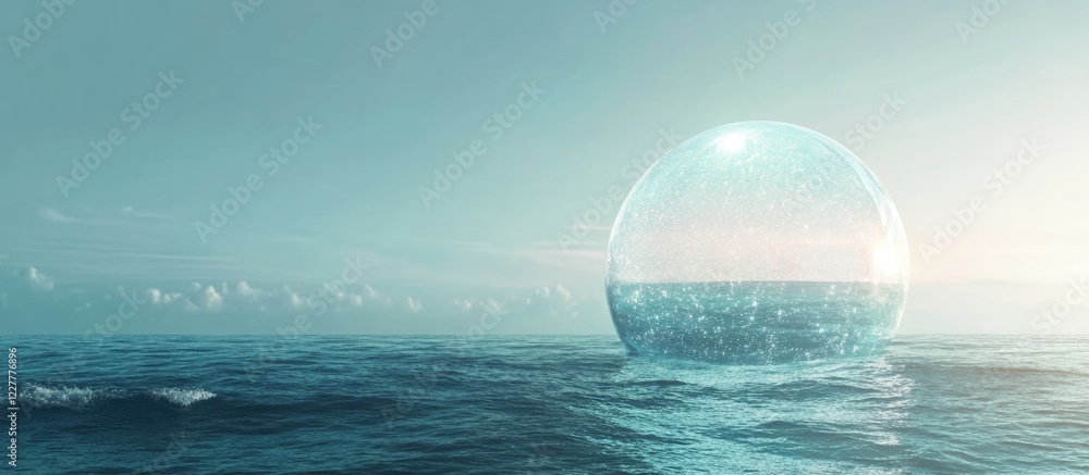 Poster globe encased in sparkling light over calm ocean with clear space for text and visual elements