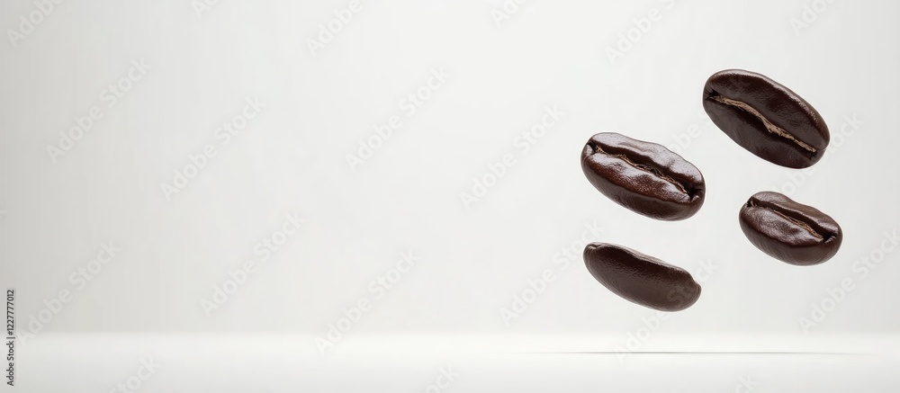 Poster flying coffee beans against a blank white background with ample space for text and branding elements