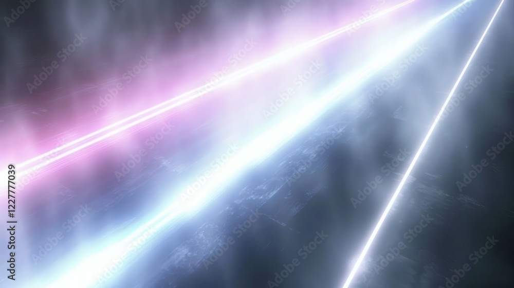 Poster abstract light beams cutting through mist, creating a vibrant atmosphere in a digital space