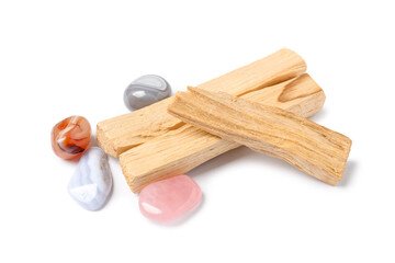 Palo santo sticks and gemstones isolated on white