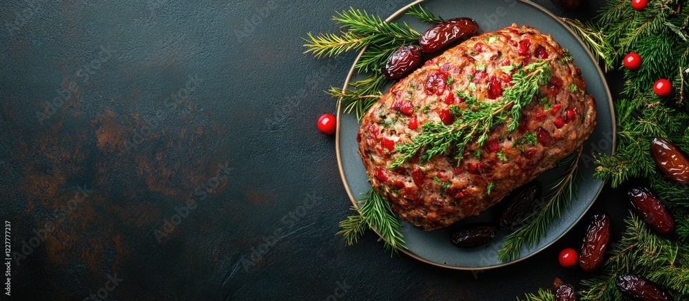 Poster festive meatloaf garnished with seasonal herbs and dates on a dark background with empty space for t