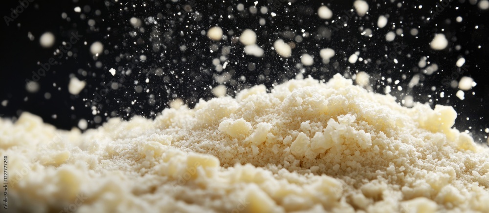 Poster grated parmesan cheese on a black background with falling cheese particles and empty space for text 