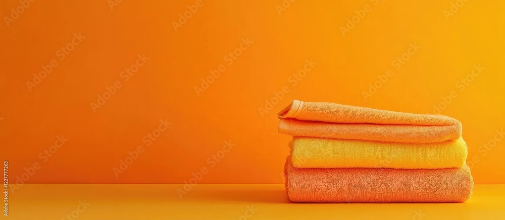 Poster folded towels in vibrant orange and yellow colors on solid background with empty space for text in a