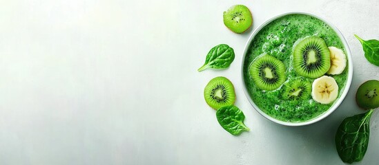 Healthy Green Smoothie Bowl with Kiwi Banana Spinach and Copy Space for Text