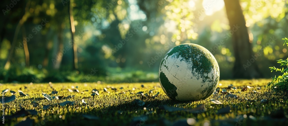 Poster globe in serene park setting emphasizing sustainable environment with soft sunlight and ample space 